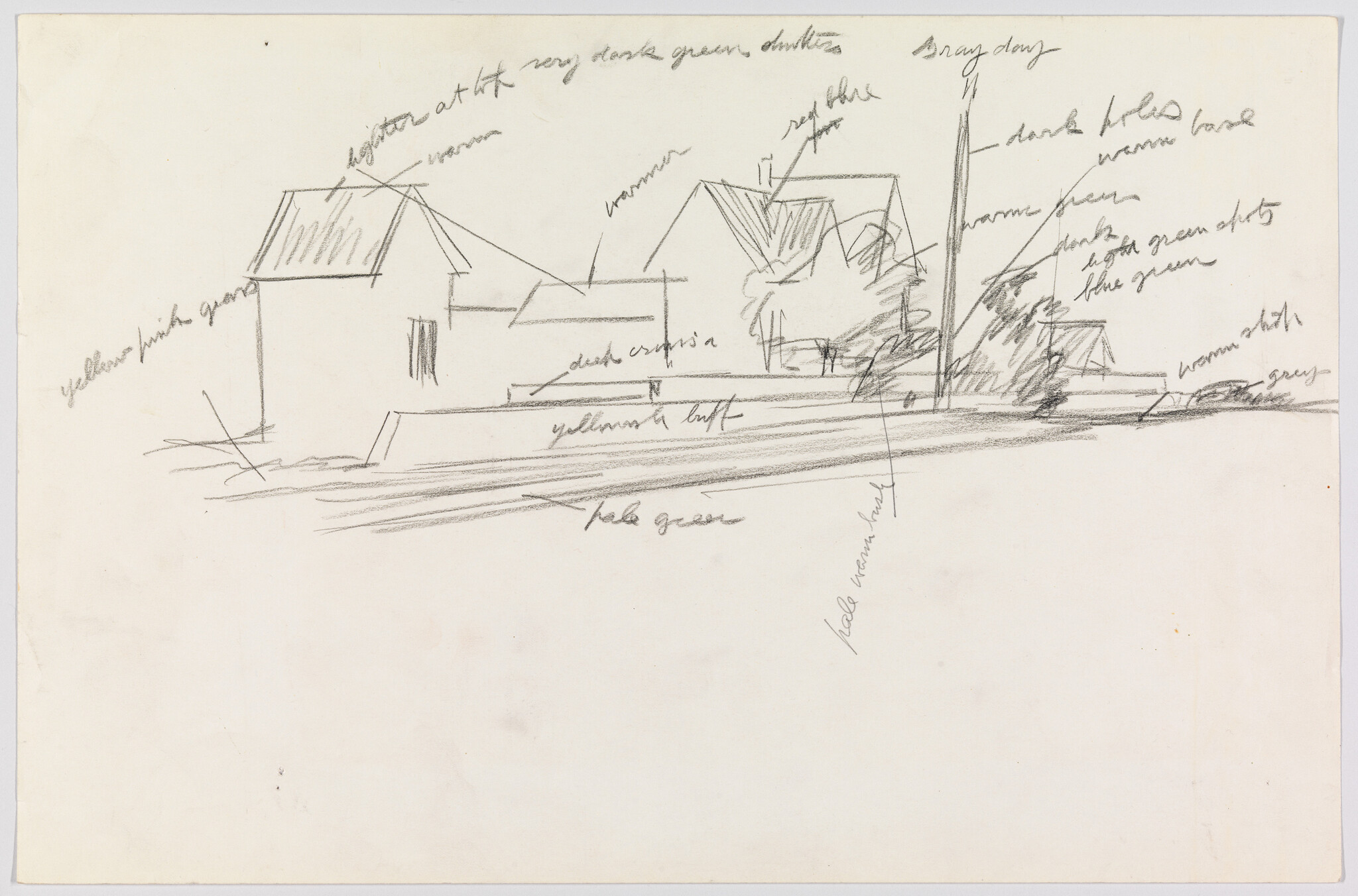 Rough pencil sketch of a row of houses with handwritten color notes and trees.