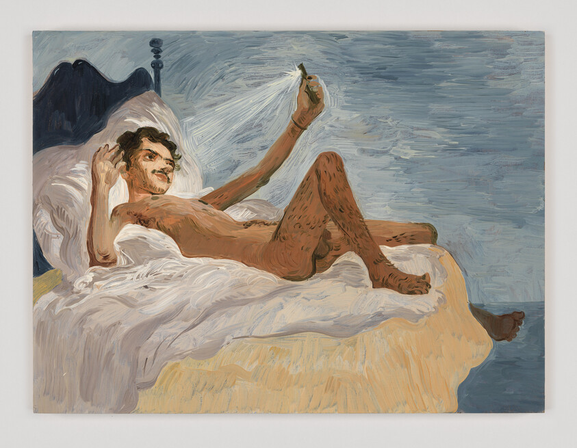 A painting of a person lying naked on a bed, holding a spray bottle and spraying it upwards, with a blue headboard and a light blue background.