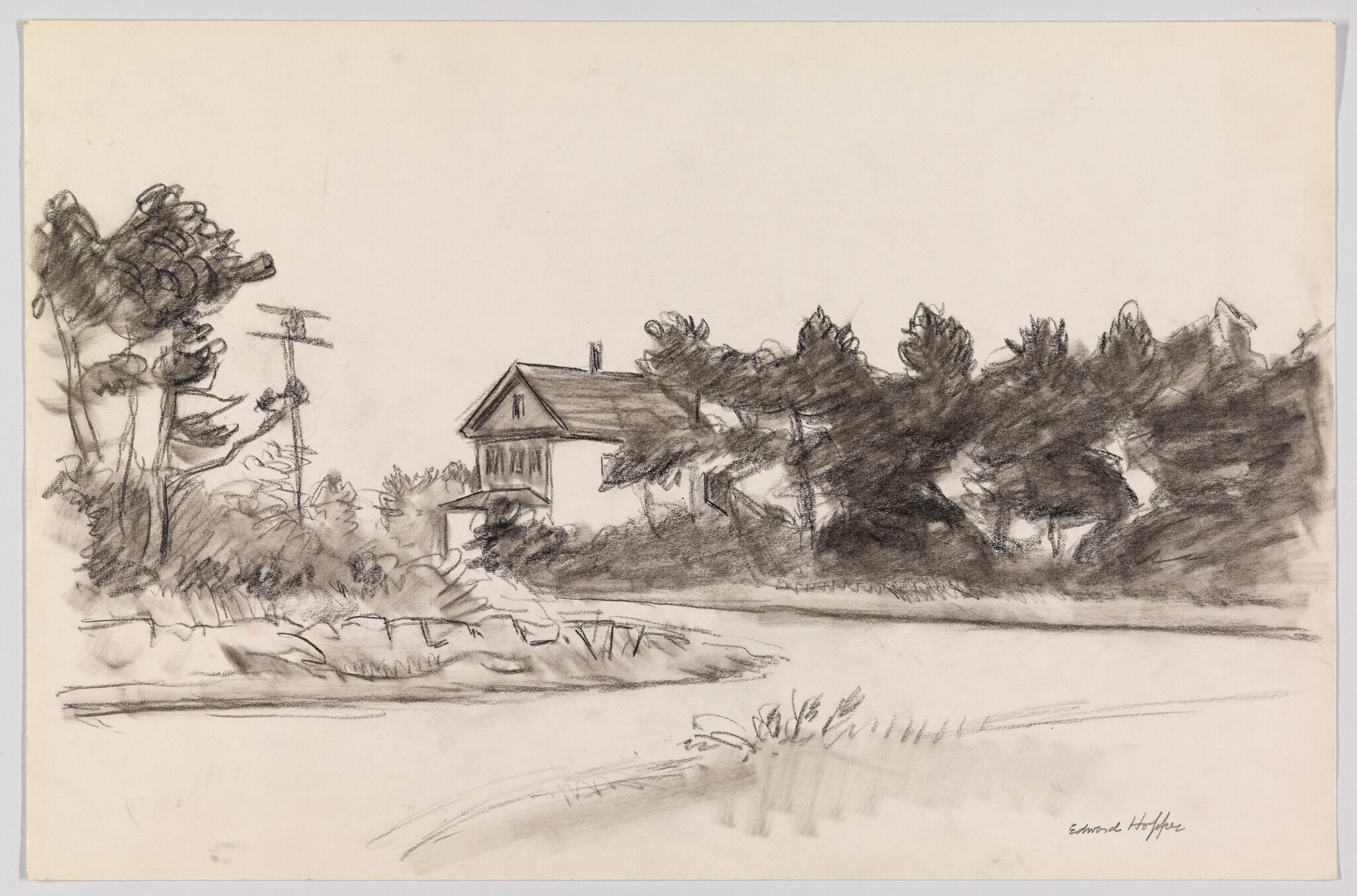 A simple house sits among trees beside a calm riverbank in a charcoal sketch.