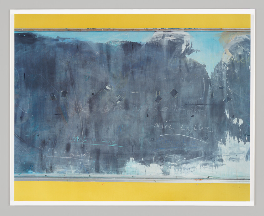 Worn classroom chalkboard with faint chalk writing and yellow borders at top and bottom.