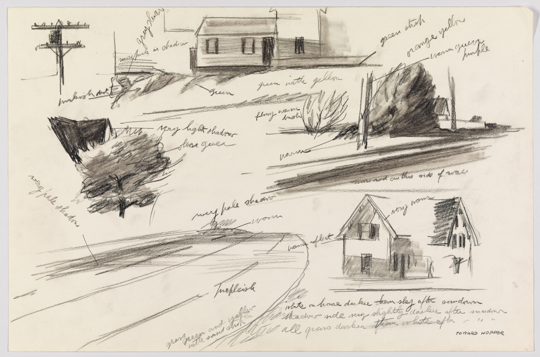 Charcoal sketches of houses, trees, and road with handwritten color and shading notes.