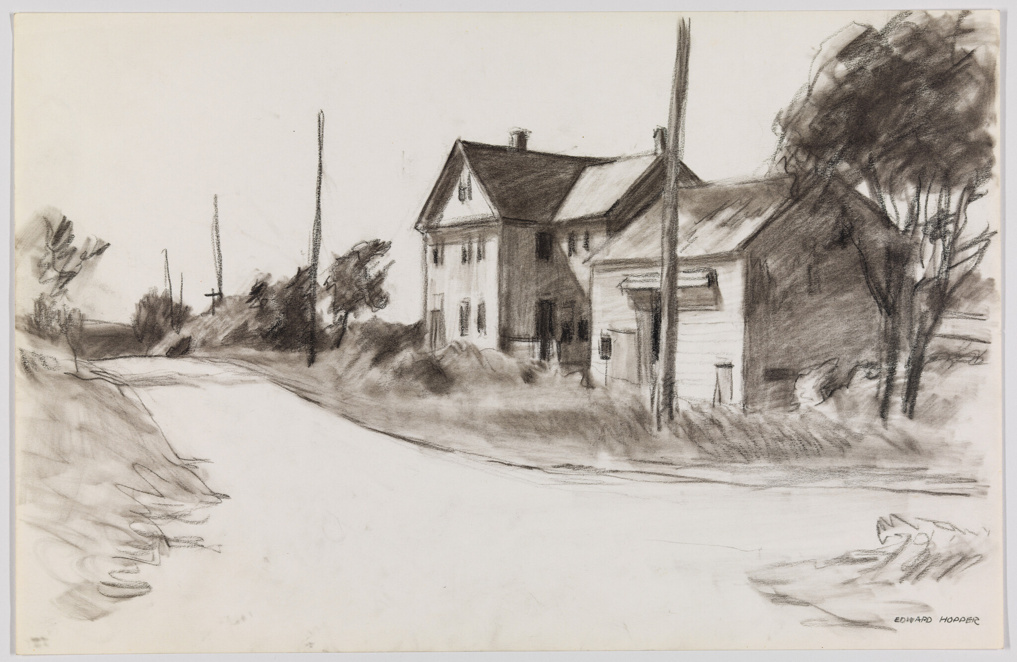 A charcoal sketch of a two-story farmhouse beside a curved country road with trees.