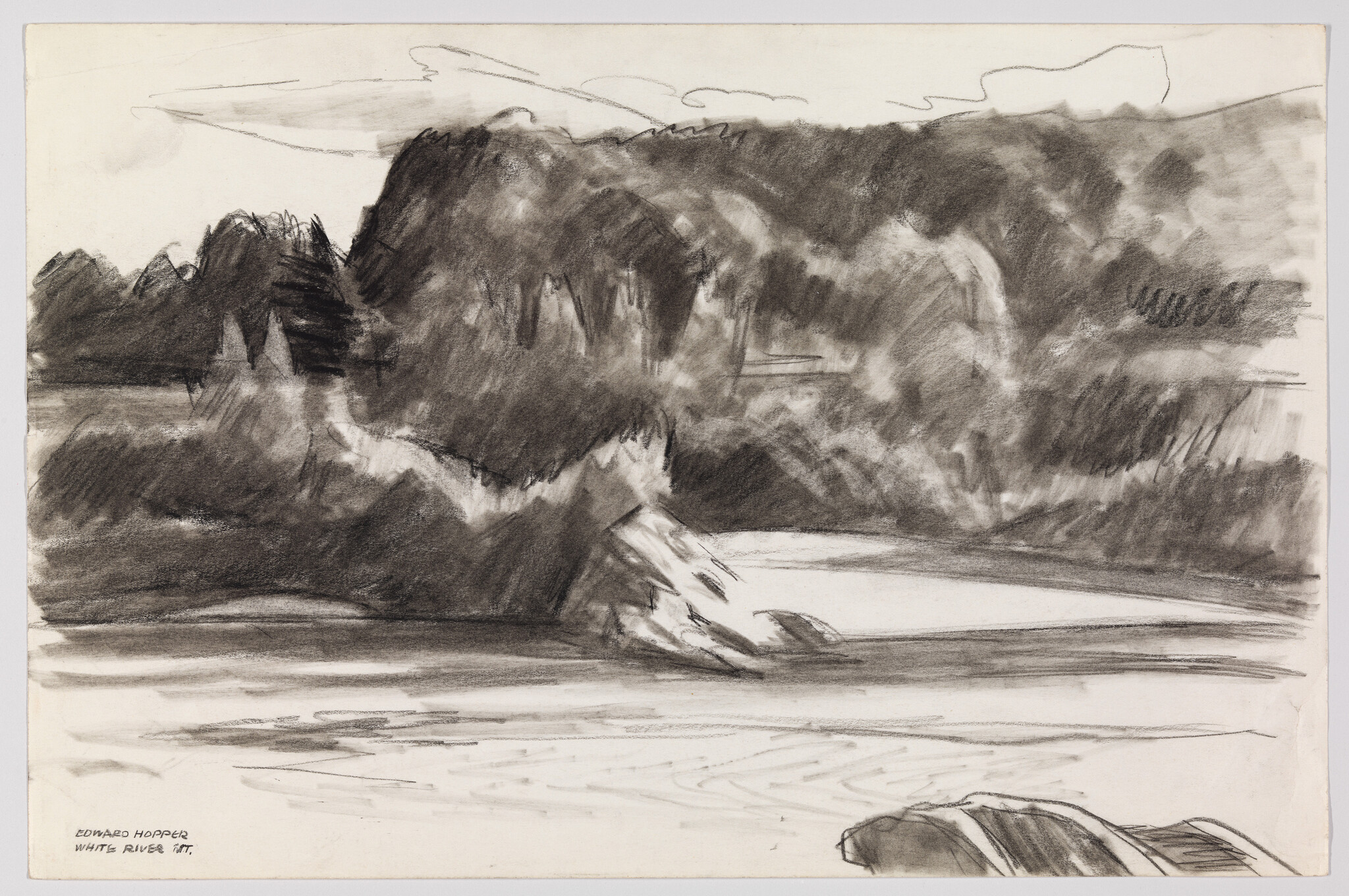 Charcoal landscape showing a river with rocky shoreline and dense tree-covered hills.