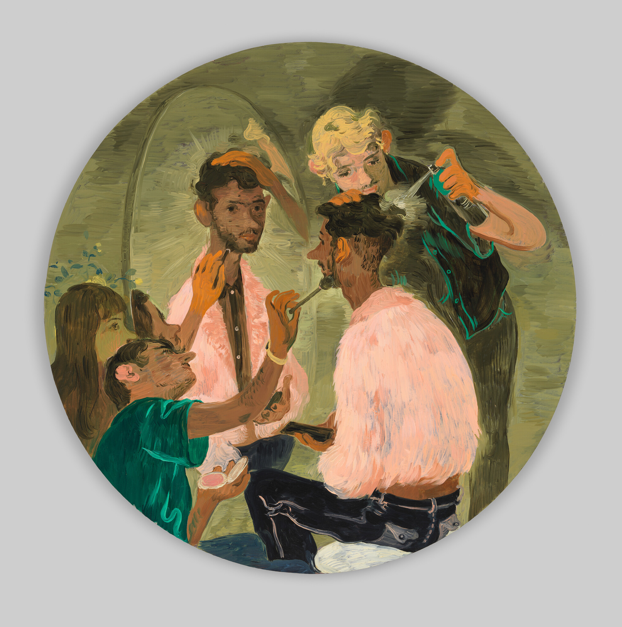 Boyish, short-haired figures gather around a central figure seated and at a mirror. They groom the central figure with hair spray and make-up brushes.