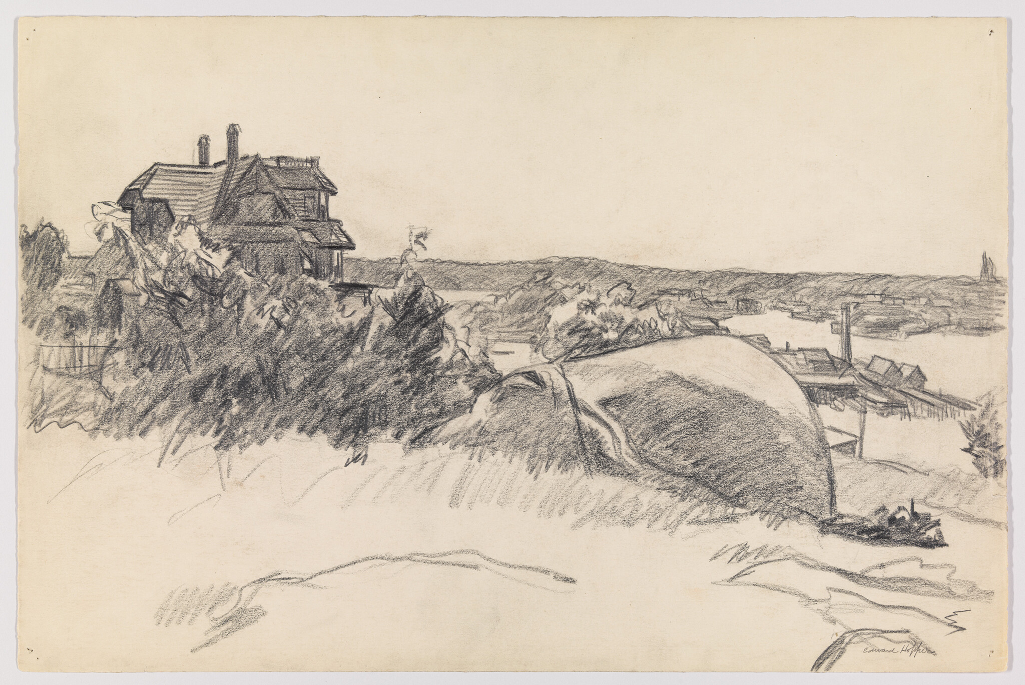 A pencil sketch of a house on a hill overlooking a rocky shoreline and distant docks.