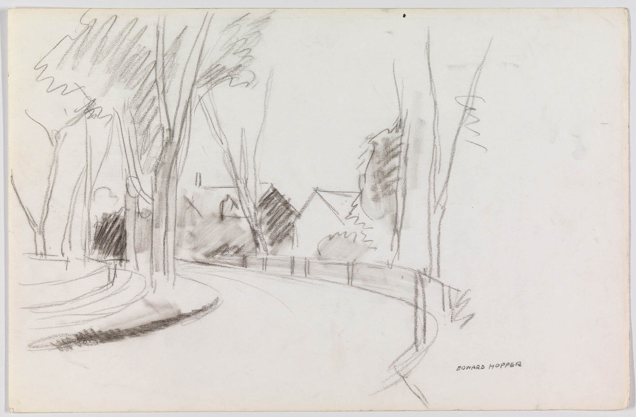 Curving tree-lined road with tall trunks and small houses sketched in pencil.