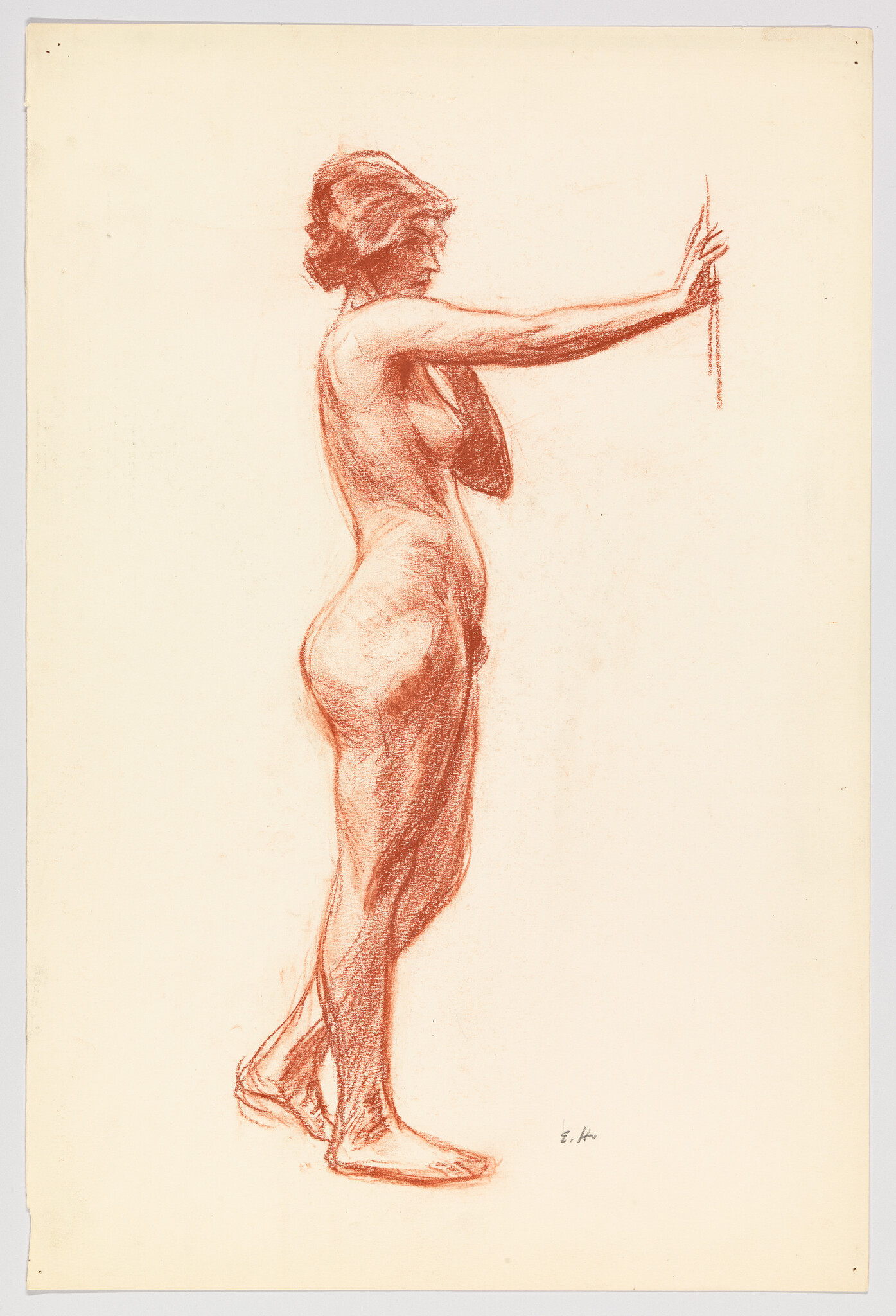 Nude woman standing in profile with her right arm extended, appearing to press against an invisible surface.