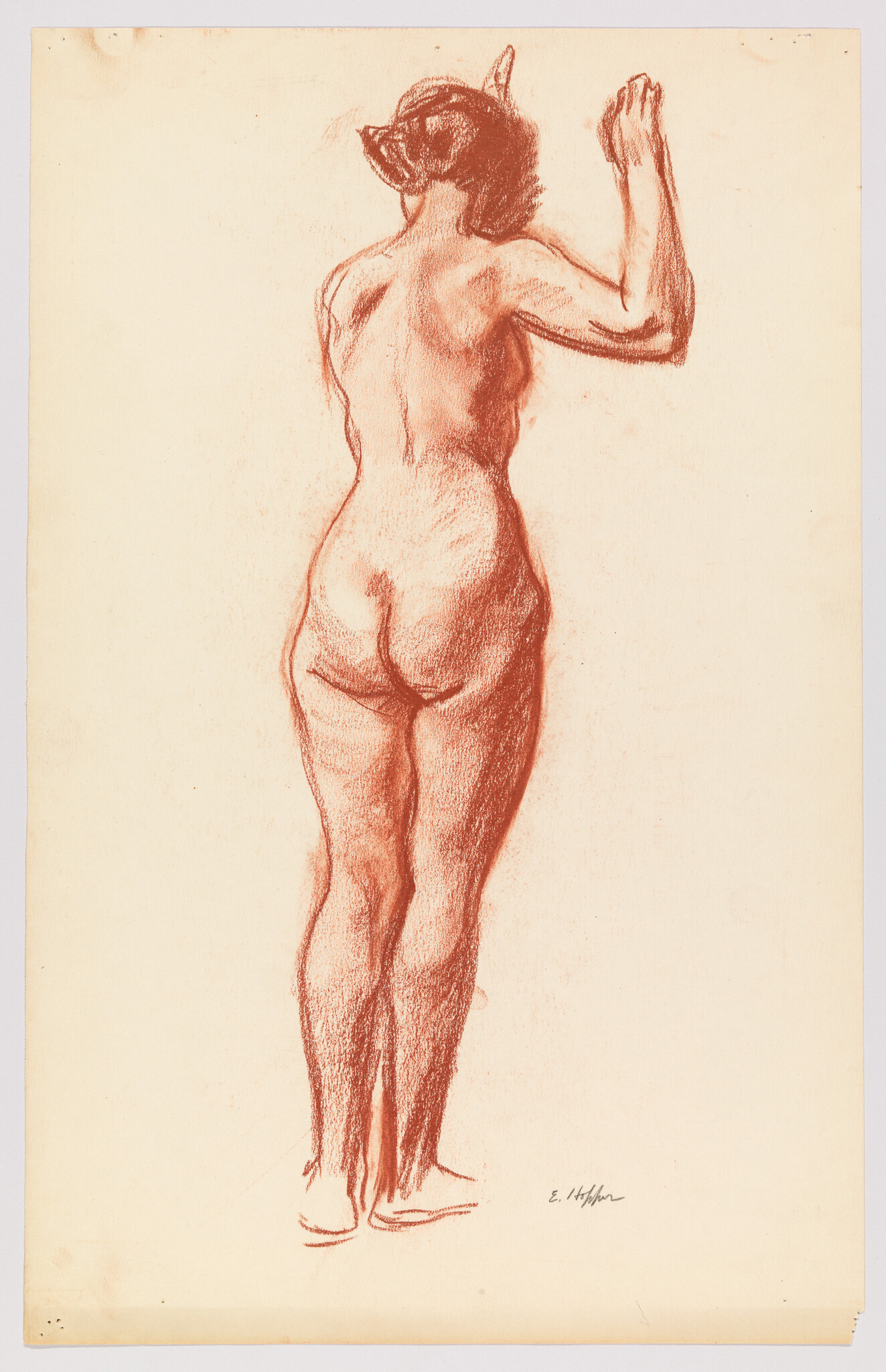 A red chalk drawing of a standing nude woman seen from behind with her right arm raised.