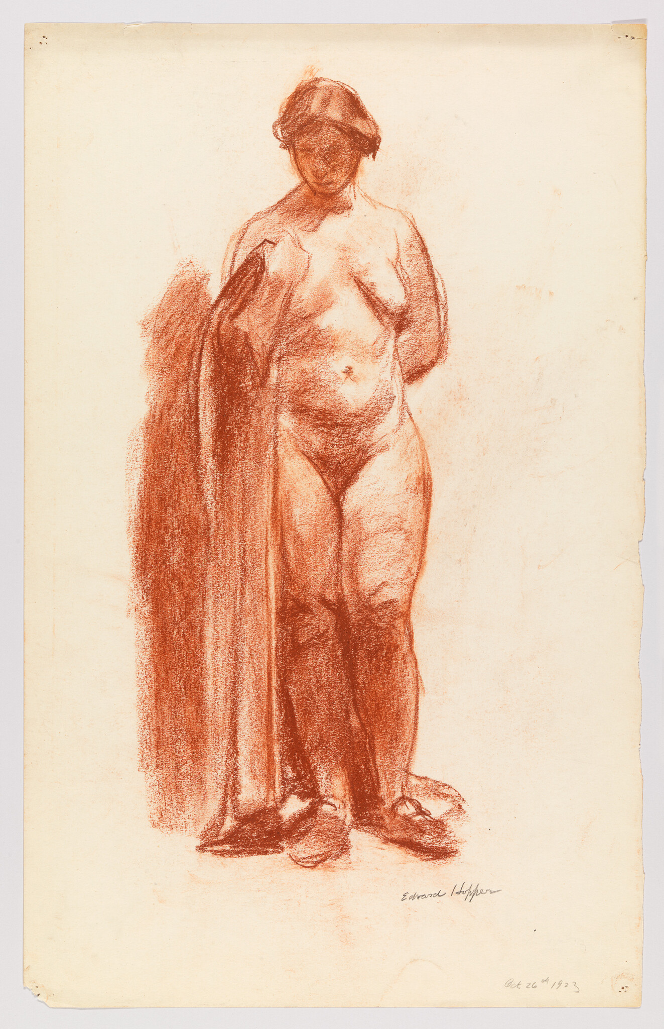 A standing nude woman holding a draped cloth beside her, rendered in reddish chalk.