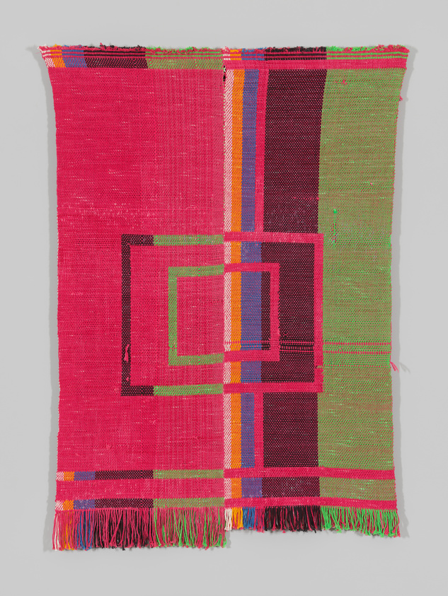 A vertical hanging textile with variable bands of bold and earthy colors and concentric squares at the middle