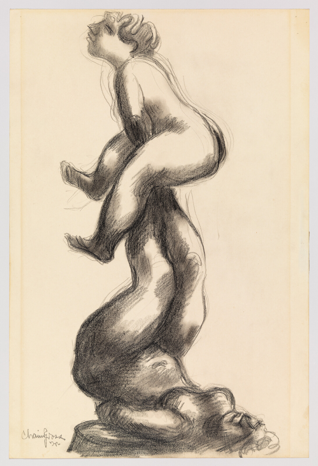 Two nude figures balance in a twisting, stacked pose, one seated atop the other's shoulders.