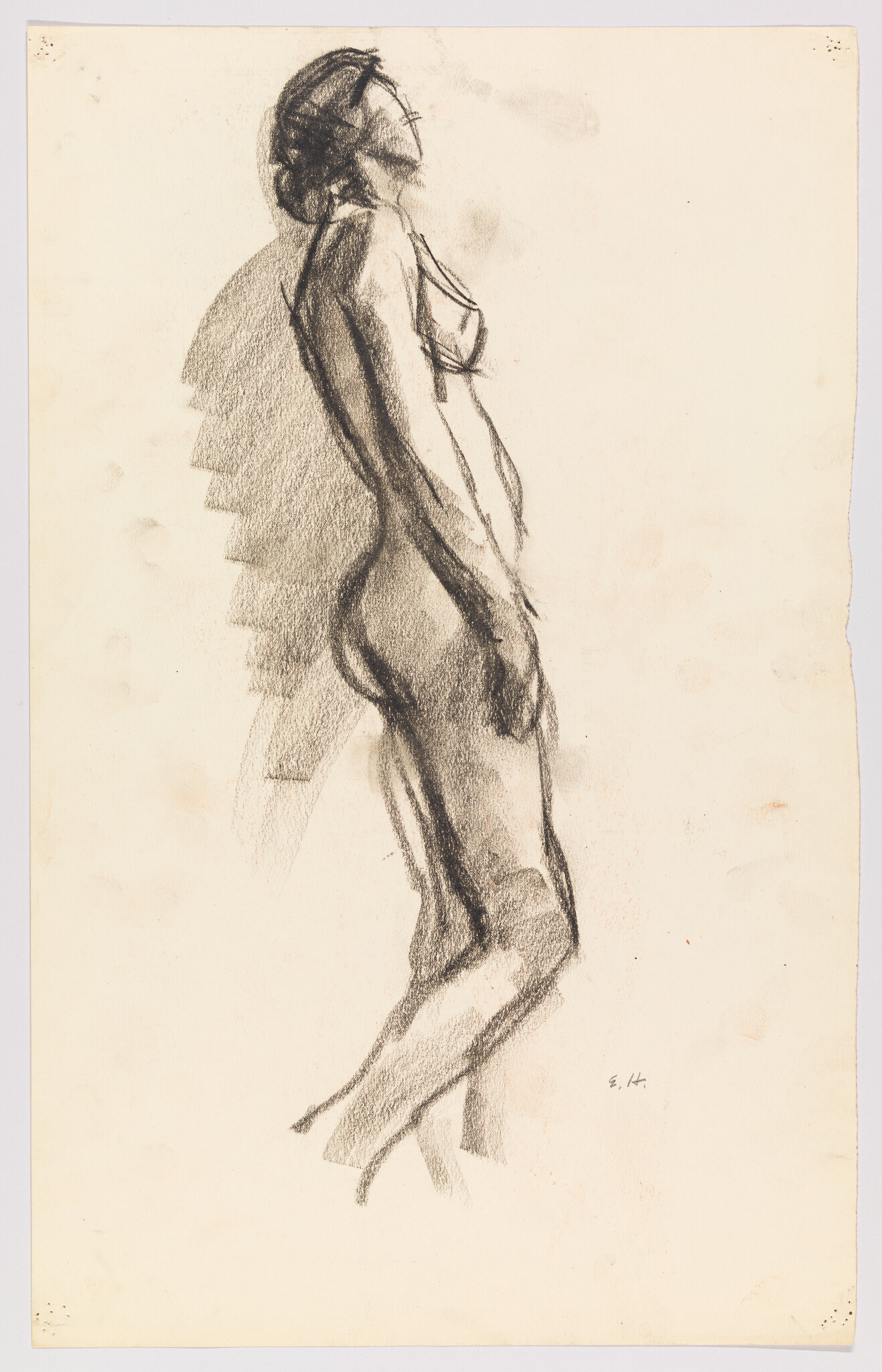 Standing nude woman drawn in charcoal, leaning back with head tilted upward in profile.