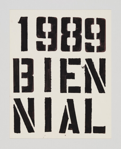 Large black stenciled text reading "1989 Biennial" on a white background.