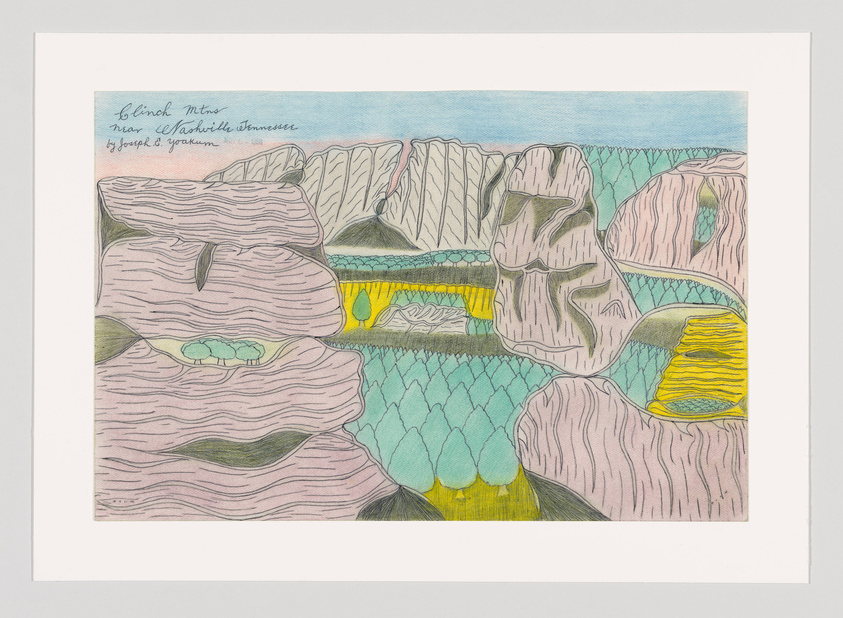 A colorful artistic rendering of a mountainous landscape titled "Clinch Mountain near Clarksville Tennessee by Joseph E. Yoakum." The image features stylized, undulating forms representing mountains and valleys, with a mix of pink, green, yellow, and blue hues, and handwritten text at the top.