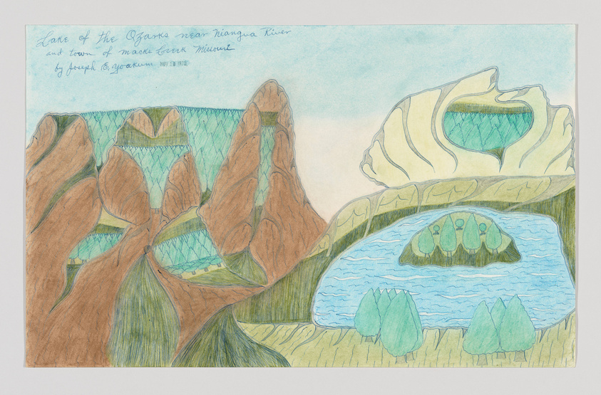 This is a colored pencil drawing depicting a stylized landscape with text at the top that reads "Lake of the Ozarks near Niangua River and town of Mack Creek Missouri by Joseph Yoakum Nov 10 1970." The landscape features exaggerated, rolling hills in shades of brown and green, with a large, shell-like structure on the right side. In the foreground, there is a body of water with a small island and trees, and the background shows a blue sky. The drawing has a dreamlike, surreal quality to it.