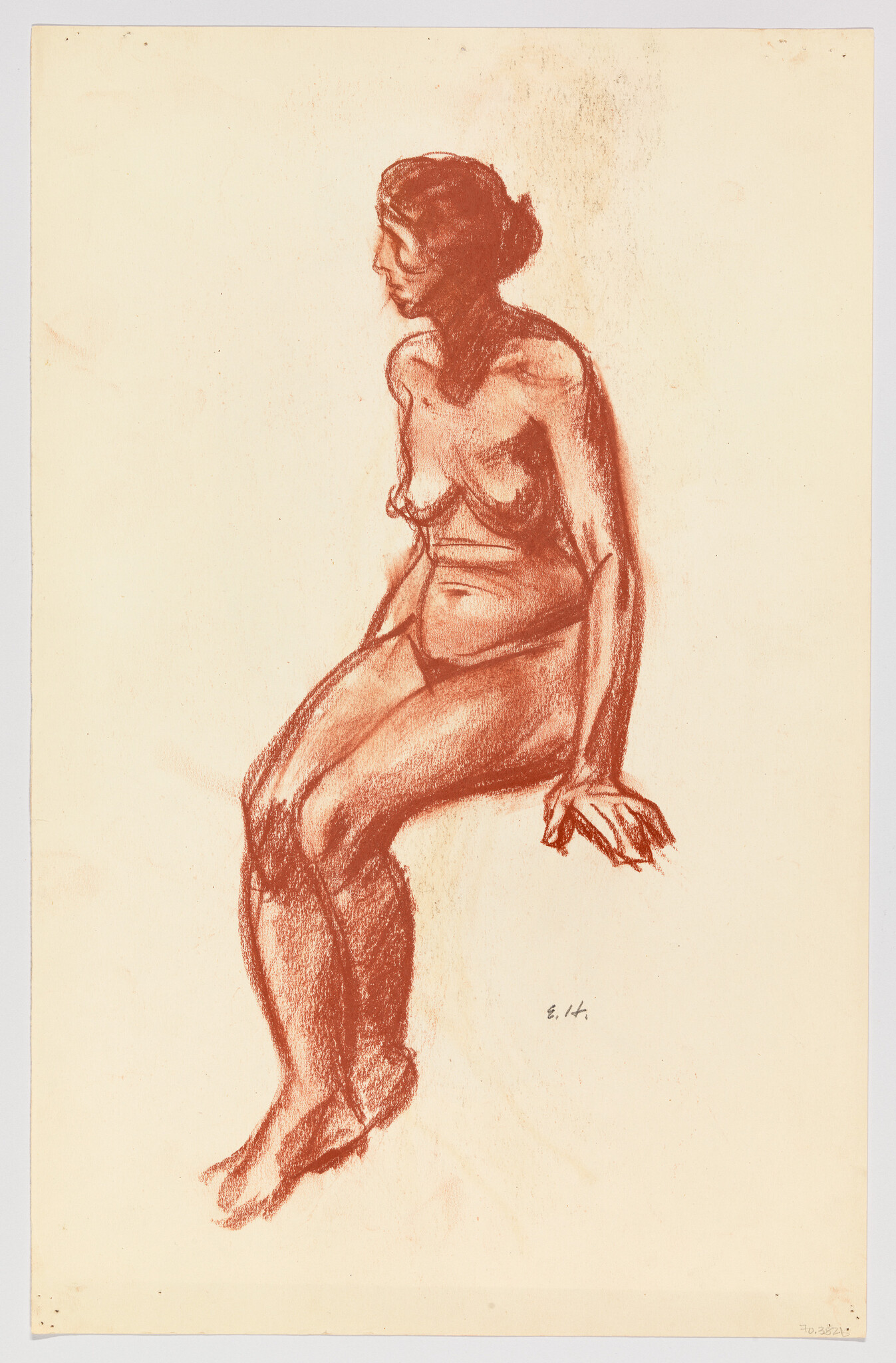 Seated nude woman drawn in red chalk, looking left with hands resting beside her.