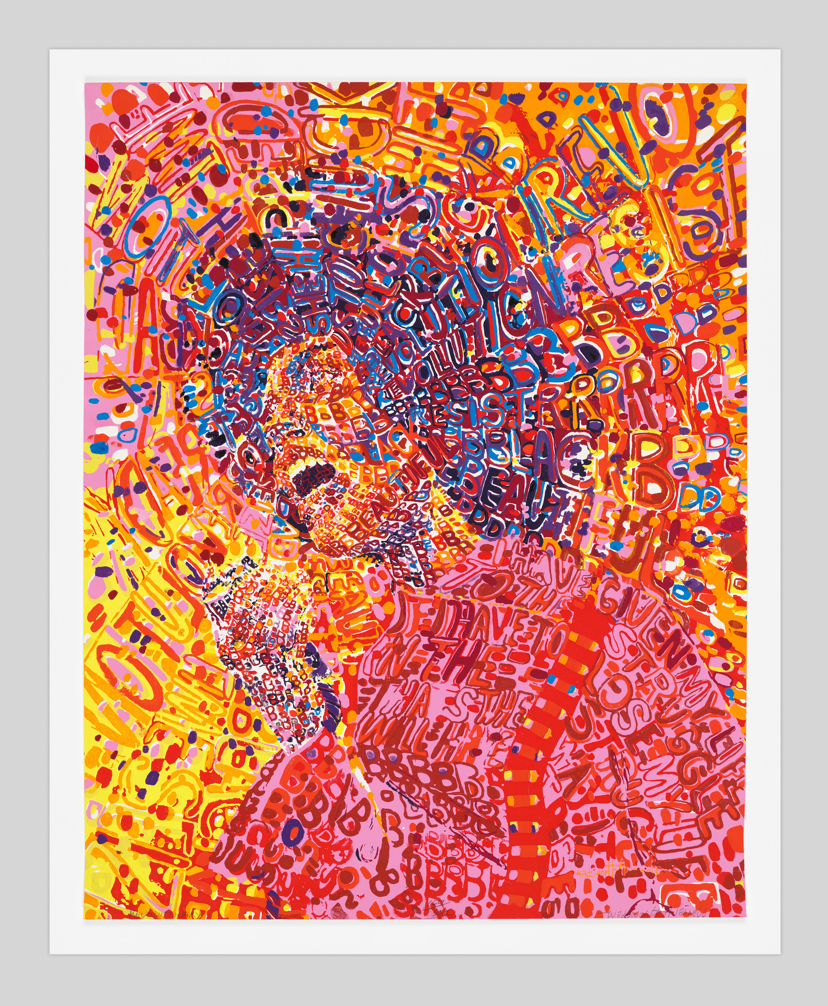 Colorful artwork of a figure composed of overlapping letters and shapes in vibrant reds, oranges, and blues.