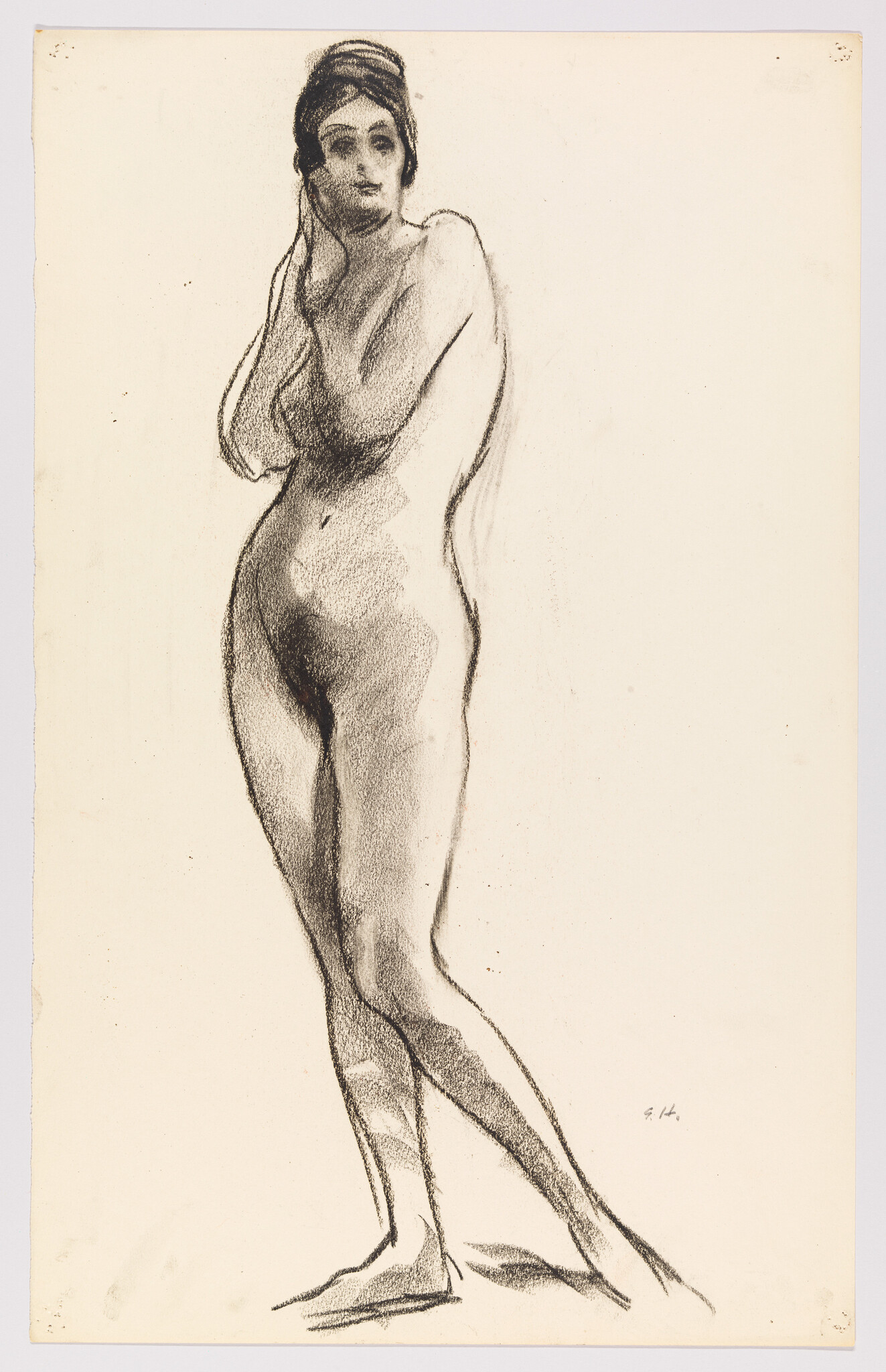 Nude woman standing with arms raised to her face in a charcoal sketch.