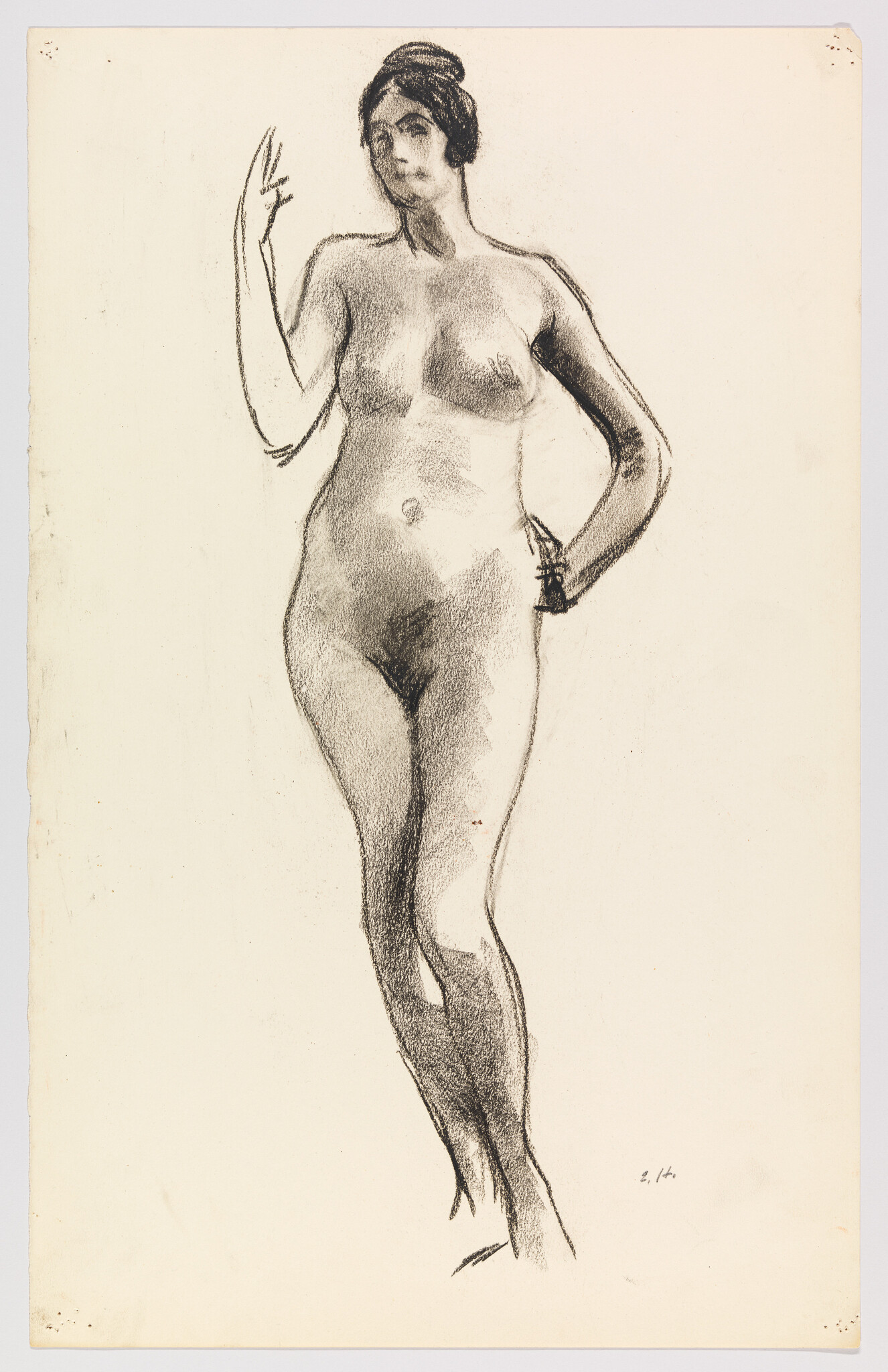 Nude woman standing with one hand on her hip and the other raised in a charcoal sketch.