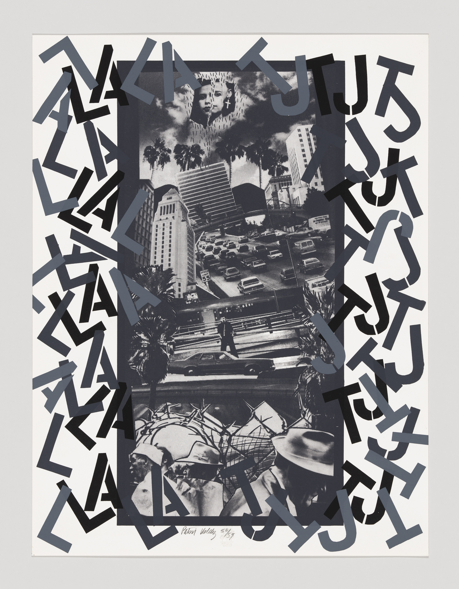 A collage featuring a monochromatic cityscape with palm trees and high-rise buildings, overlaid with a large, fragmented image of a woman's face and scattered, abstract black and blue shapes resembling letters or symbols. The artwork has a signature at the bottom.