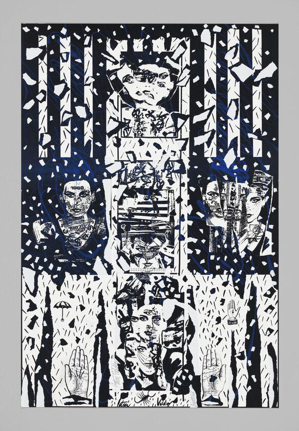 Black-and-white collage of fragmented faces and hands amid confetti-like shapes and vertical stripes.