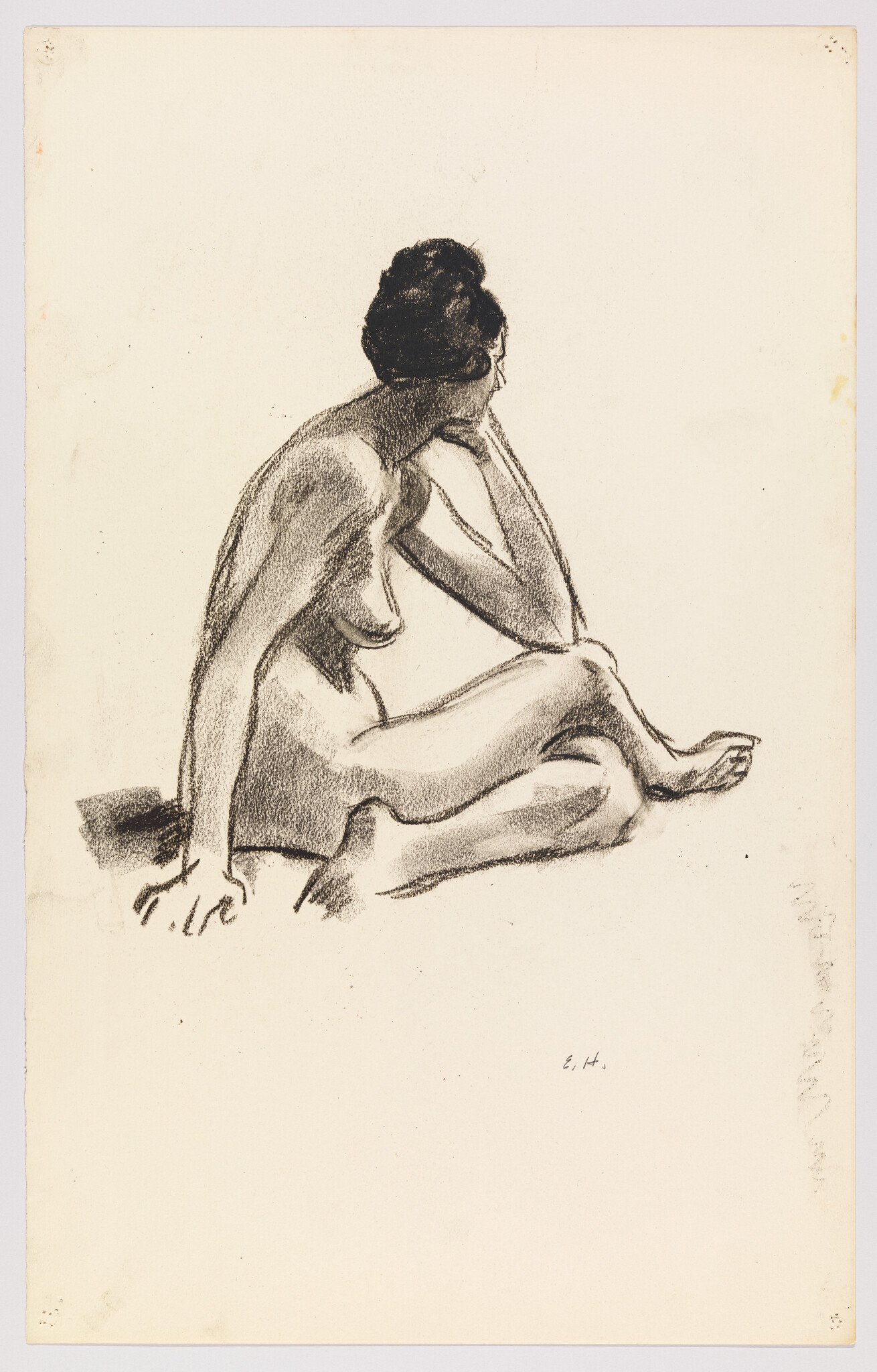 Seated nude woman sketched in charcoal, resting her chin on her hand and looking sideways.