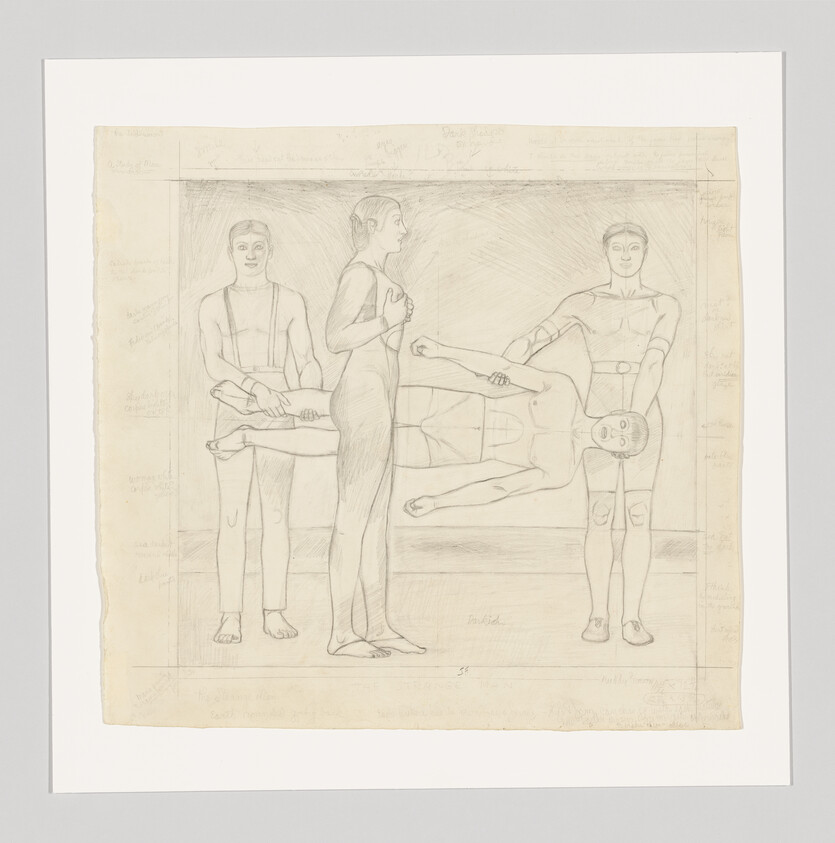 Three standing figures hold a fourth person horizontally between them in a pencil sketch.