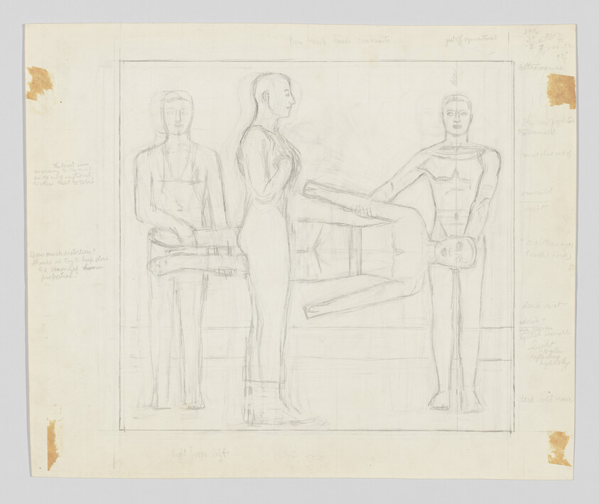 Four pencil-sketched human figures, two people carrying a horizontal figure while another stands nearby.