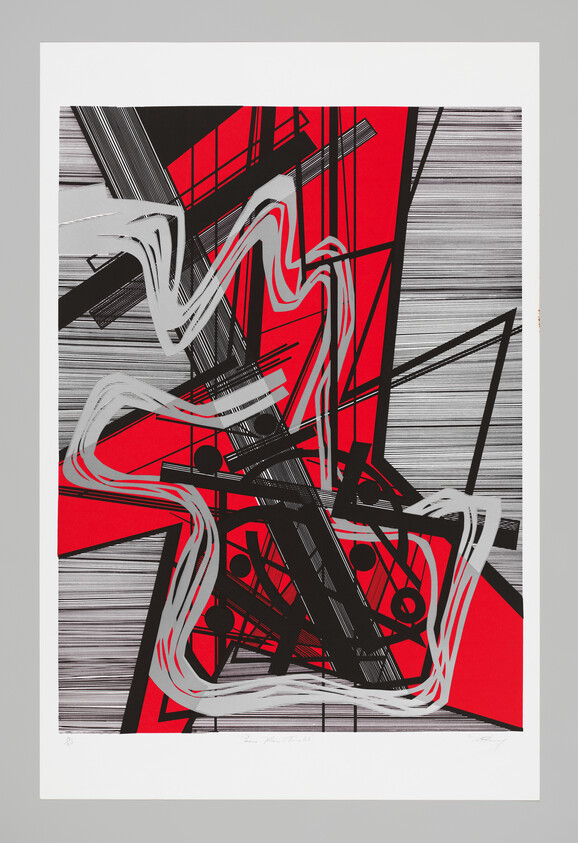 Bold abstract composition of red and black geometric shapes with gray brushlike squiggles and parallel lines.