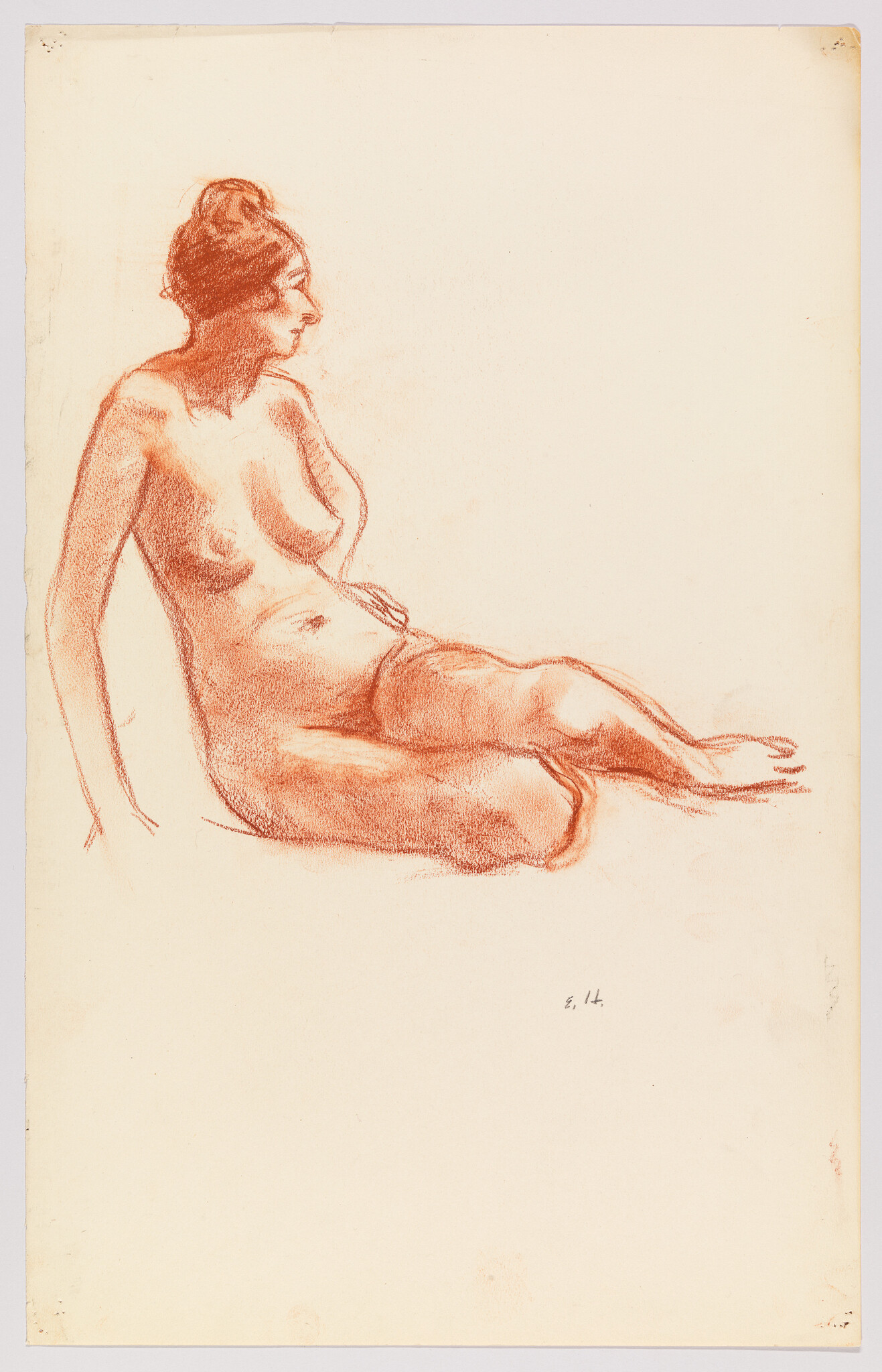 A red chalk sketch of a reclining nude woman leaning back on one arm with legs extended.