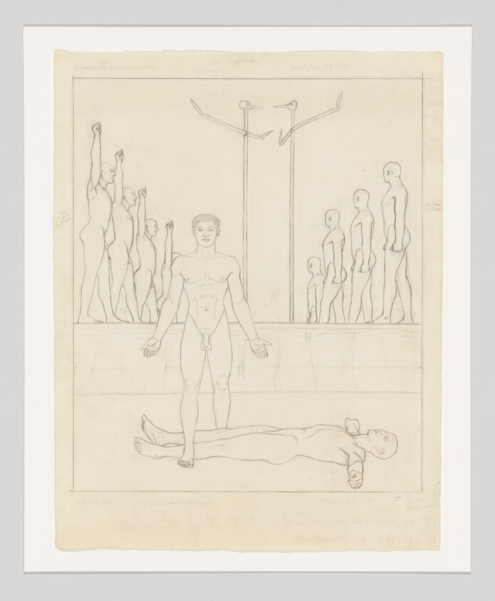 A nude man stands over a prone nude figure while groups of figures watch from raised platforms.