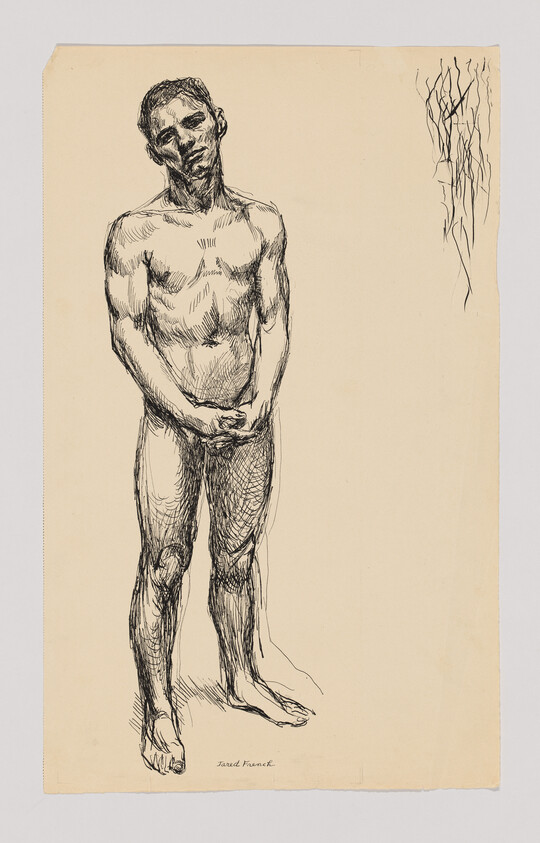 Sketch of a standing male figure with detailed musculature, signed by the artist, on beige paper with abstract lines to the right.