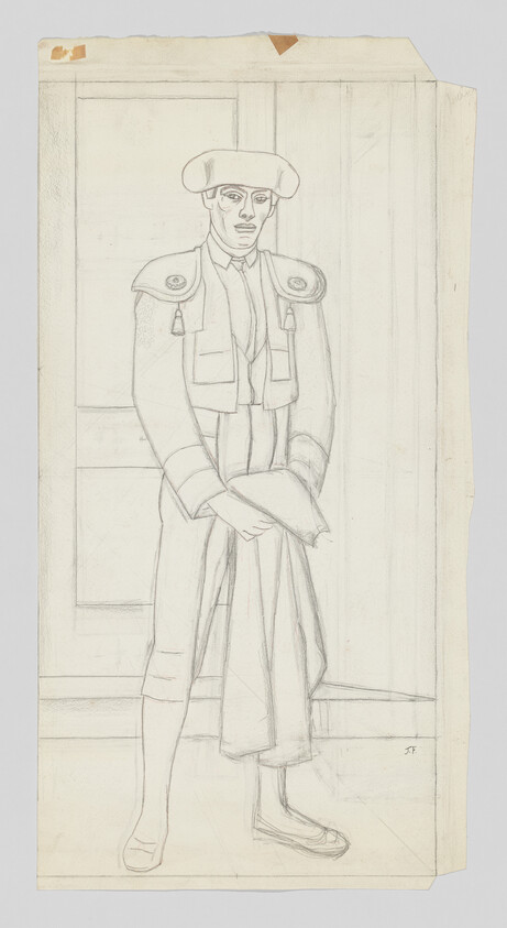 A pencil sketch of a standing matador in traditional traje de luces holding his folded cape.