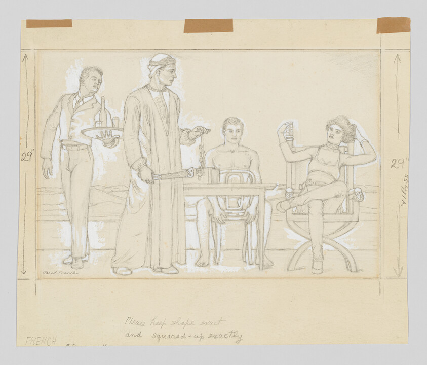 A robed man holds chains over a bound seated man while a woman lounges with a glass and waiter approaches.