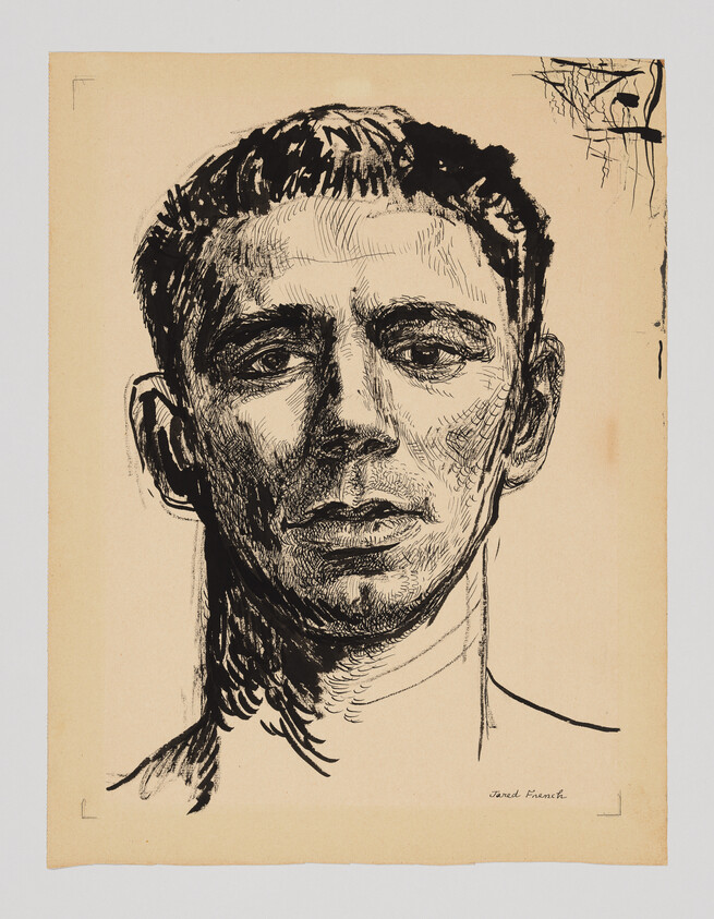 Black ink portrait of a young man looking forward with a neutral expression.