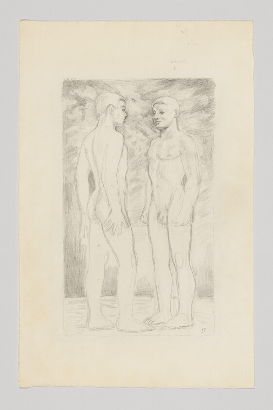 Two young nude men stand facing each other in a pencil sketch.