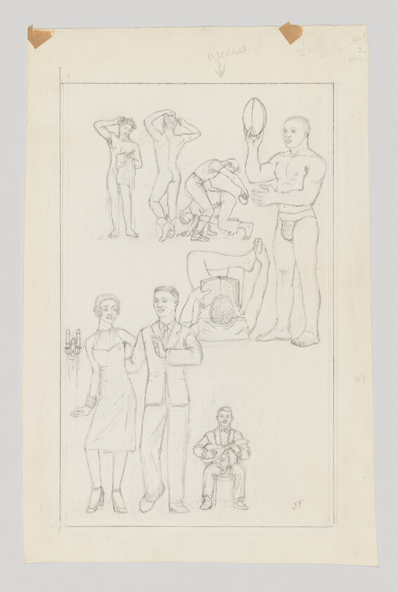 Pencil sketch of several figures in varied poses, including a standing couple, wrestlers, and a man holding a ball.