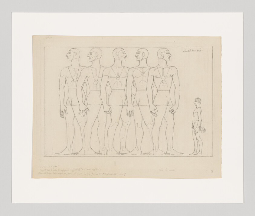 Five tall stylized standing men in a row facing sideways with a smaller figure beside them.