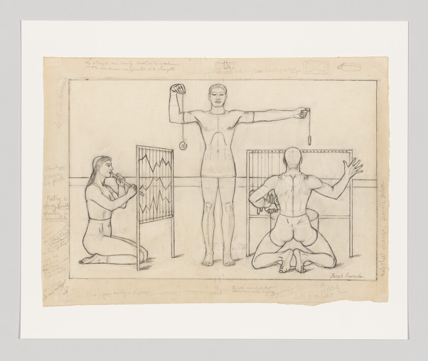 Three people perform an experiment with pendulums and wire screens, the central figure holding two pendulums.