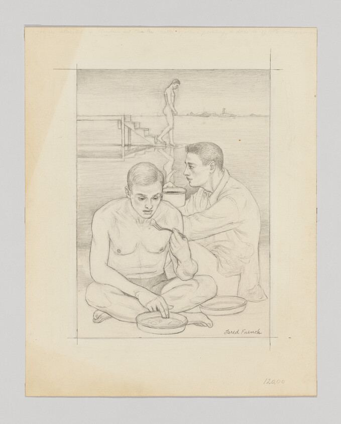 Pencil drawing of two men, one shirtless and seated, the other kneeling and feeding him. A third man stands on a dock in the background.