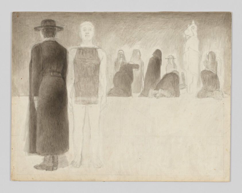 Two figures stand in the foreground—one in a coat and hat, one pale, cloaked figures behind.