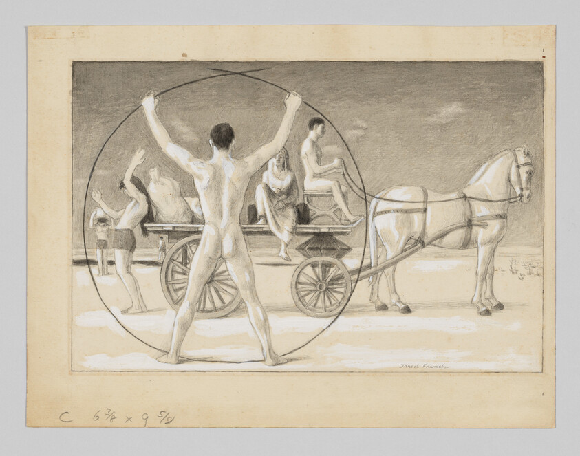 A nude man holds a large hoop around a horse-drawn cart while people sit and stand on the cart.
