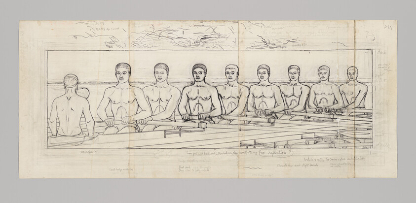 Sketch of eight male rowers and a coxswain seated in a racing shell holding oars.