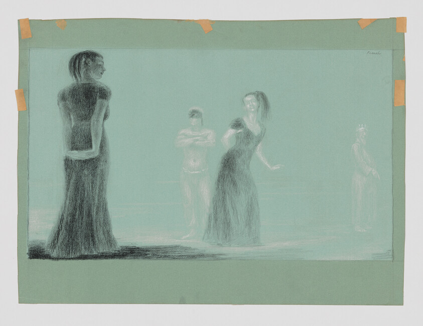 Four ghostly figures stand on a pale green stage, two women in long dresses interacting.