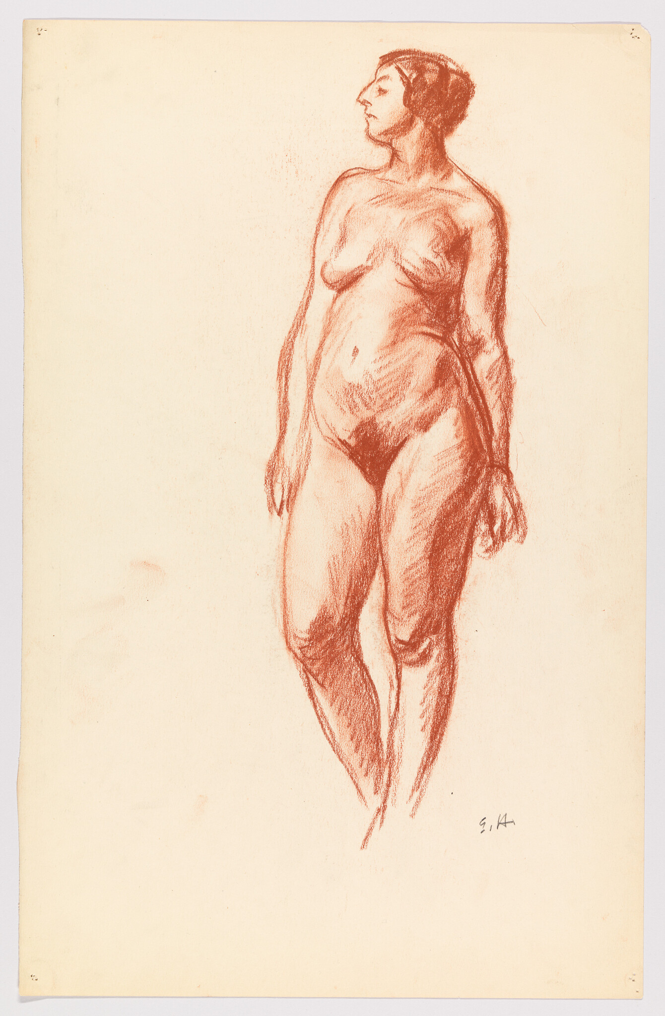 Standing nude woman drawn in red chalk with relaxed pose and hands at her sides.