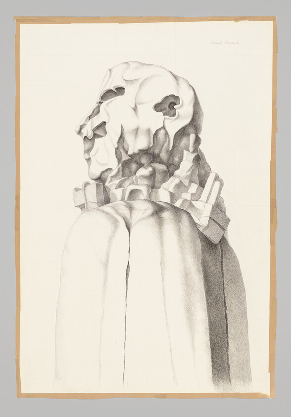 A detailed pencil drawing of a distorted skull-like head atop a draped pedestal.