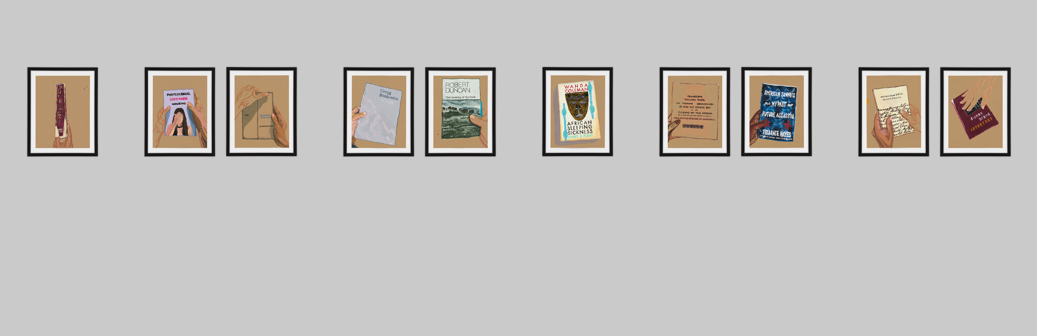 A row of framed illustrations shows different hands holding books displayed on a gray wall.