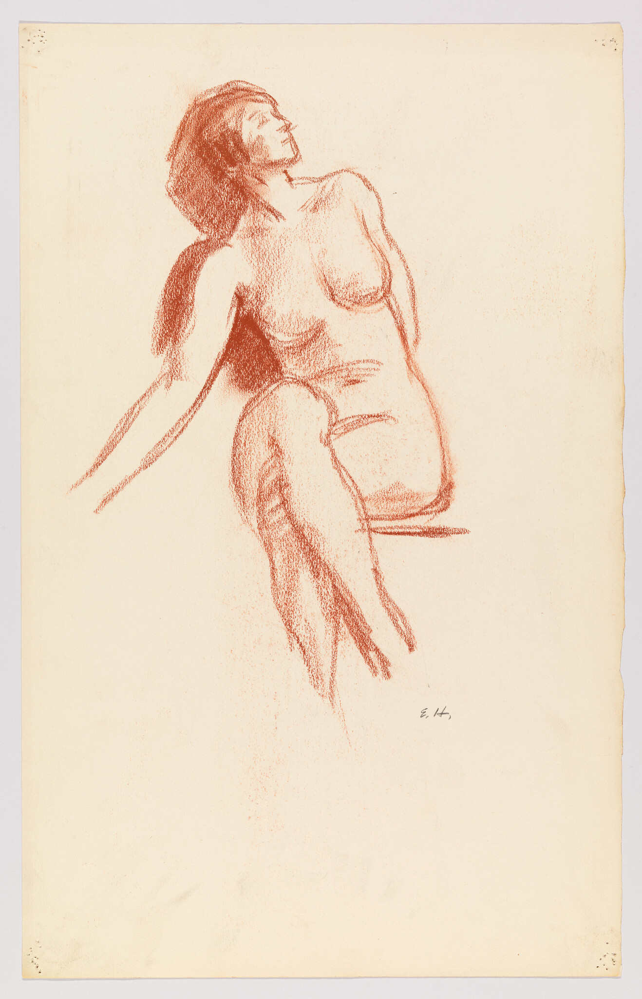 A red chalk sketch of a seated nude woman leaning back with head turned upward.