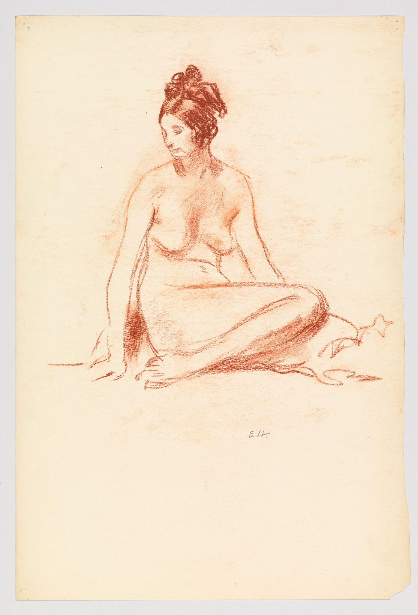 A seated nude woman with hair tied up looks down while resting one hand on the ground.