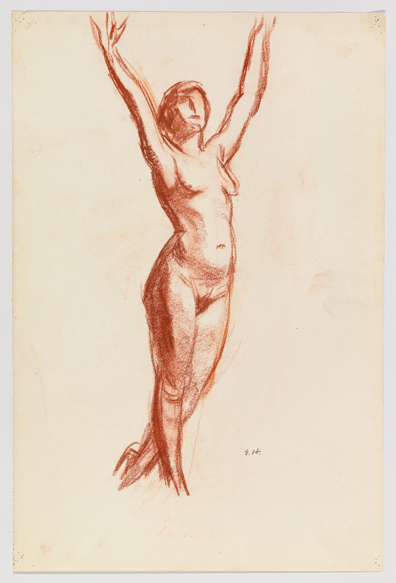 Nude woman standing on tiptoe with arms raised in a red chalk sketch.
